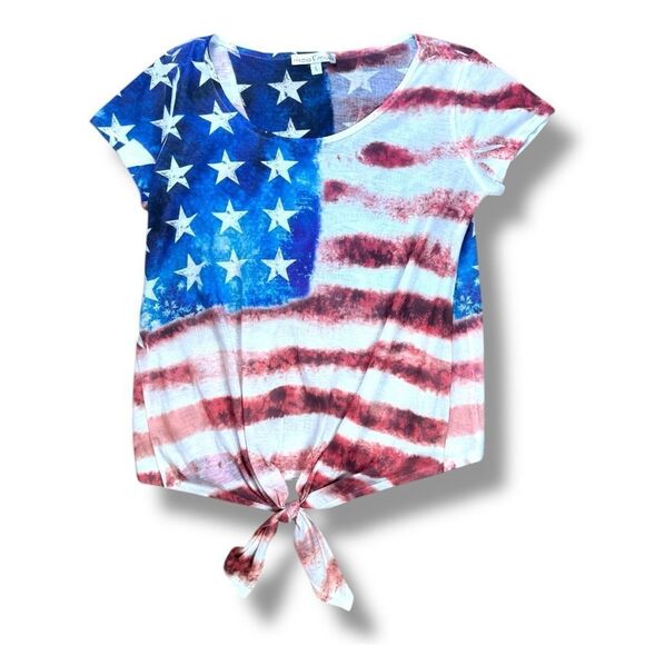 NWOT Moa Moa Women’s Patriotic American Flag Red White and Blue Tie T-shirt Sz L - Picture 2 of 7